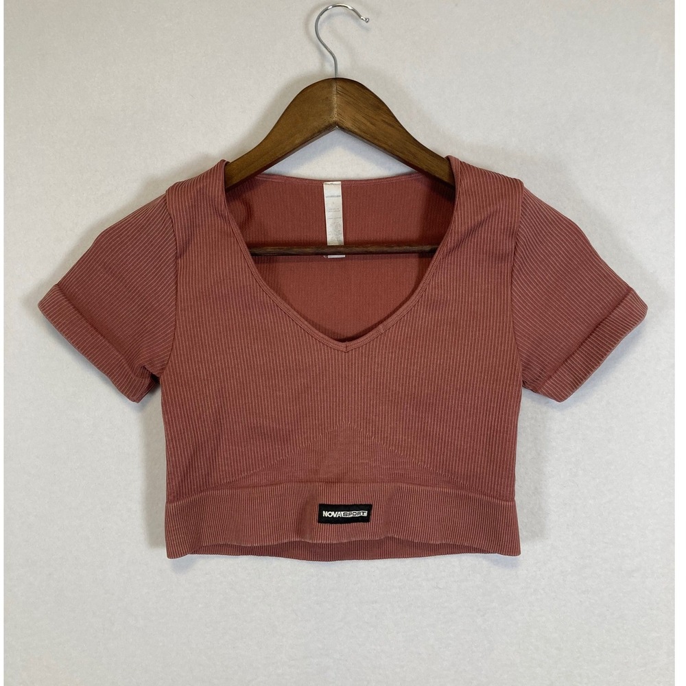 Fashion Nova Sport Ribbed V-Neck Crop Top Large Mauve Short‎ Sleeve Activewear